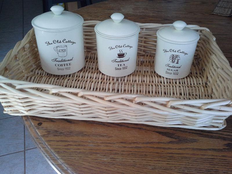 Lovely wicker tray and 3 tins