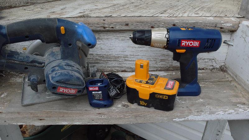 RYOBI circular saw and hand drill set with battery and charger