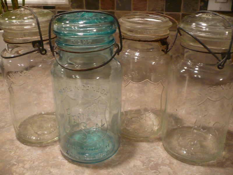 Quart Glass Jars / Sealers - 4 of them, one blue 