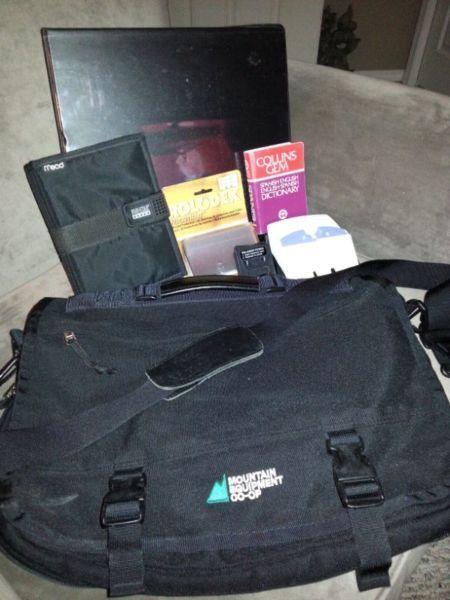 MEC book/laptop bag with assorted supplies