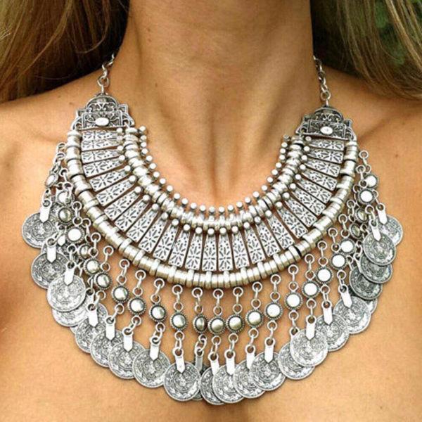 NEW TURKISH BOHO GYPSY SILVER BIB COIN DROP NECKLACE