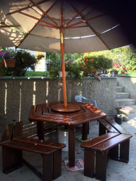 Outdoor Solid Wood Table and Benches with Umbrella