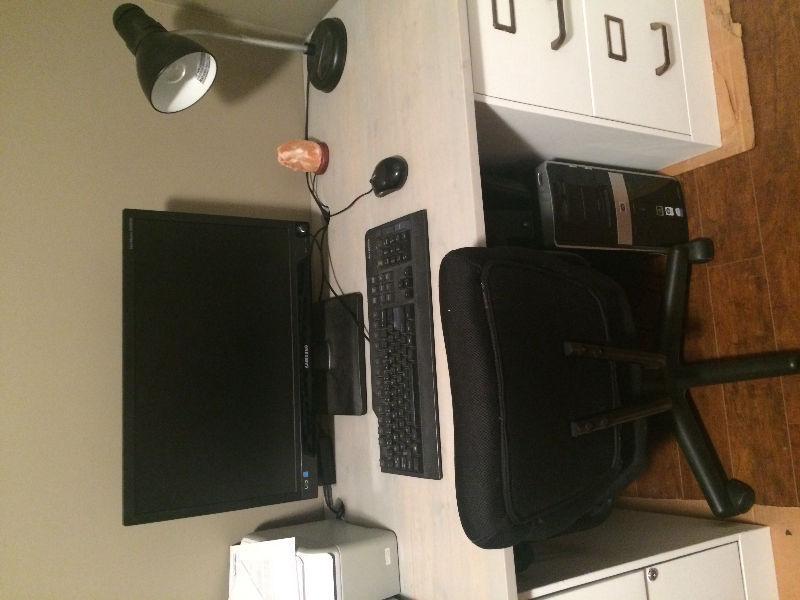 Computer, monitor, mouse, surround sound, keyboard, remote