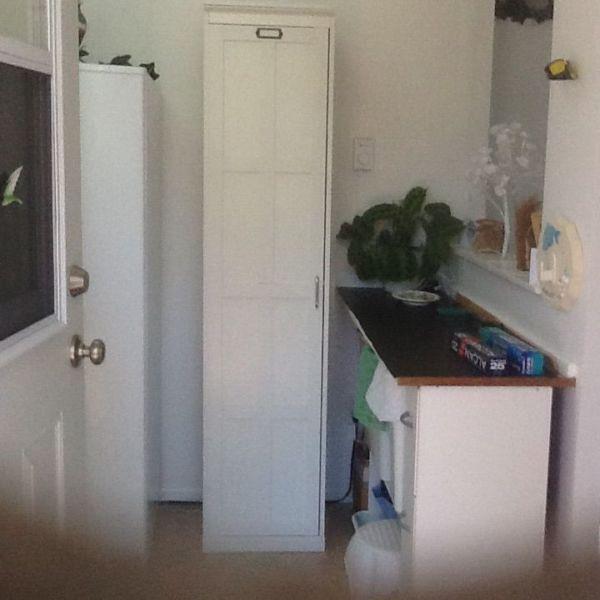 Tall white upright cupboard