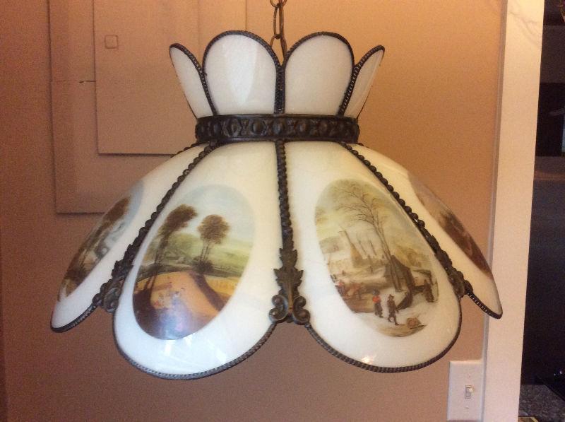 vintage white glass swag lamp with decorative prints