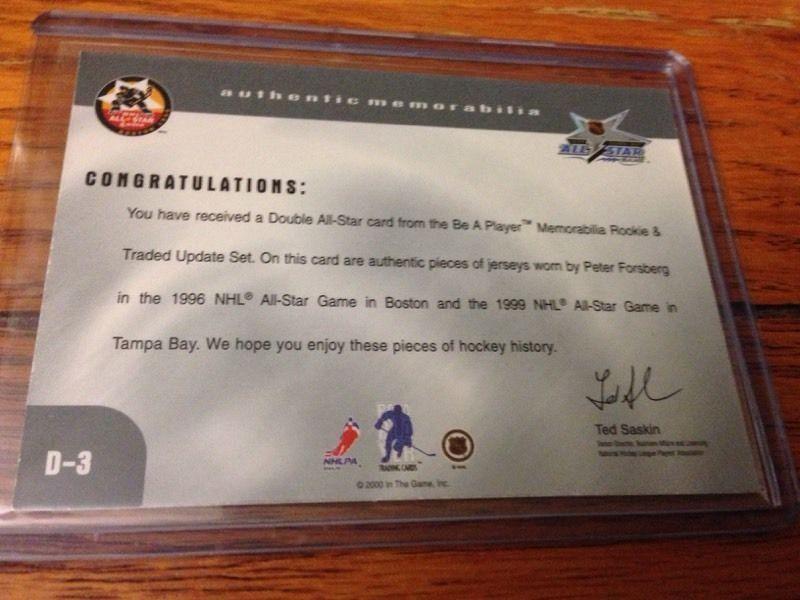 Peter Forsberg double all star jersey 1/1 card