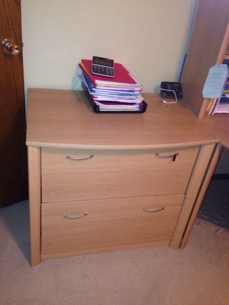 Corner desk, filing cabinet and bookshelf