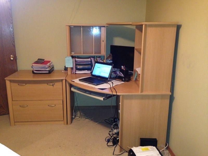 Corner desk, filing cabinet and bookshelf