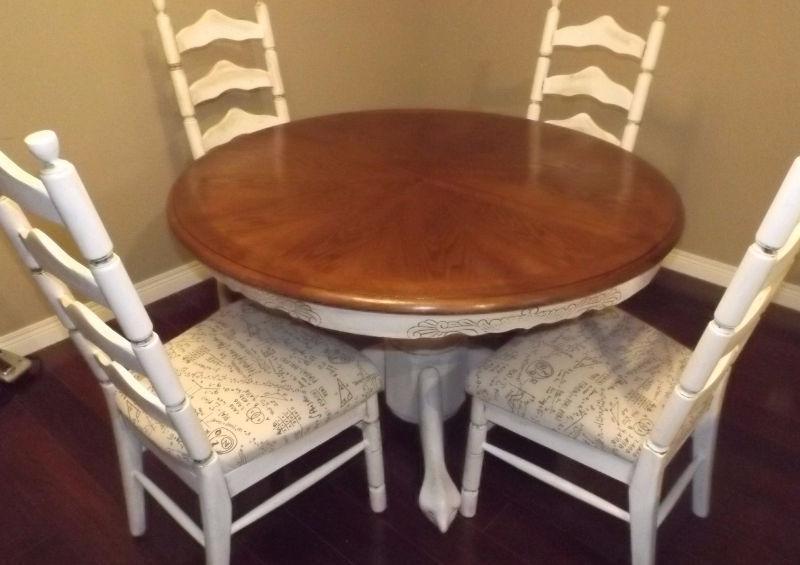Refinished dark walnut colored table top/ white table and chairs