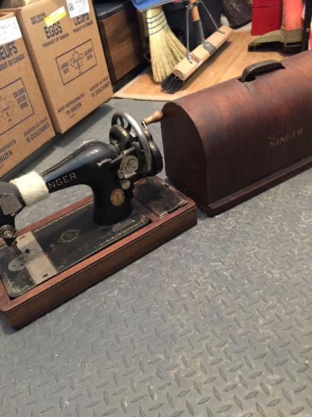 Antique Portable Singer Sewing Machine with Wood Case