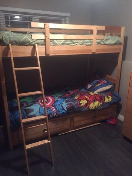Solid pine twin over twin bunk beds and matching dresser