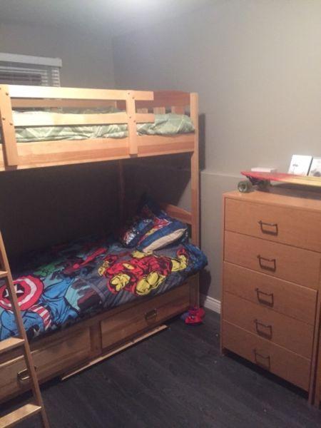 Solid pine twin over twin bunk beds and matching dresser