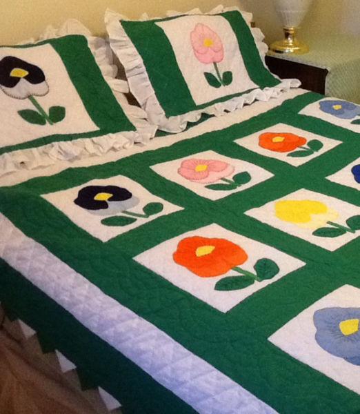 New QUEEN SIZED QUILT/SHAMS, HAND quilted & embroidered, flower