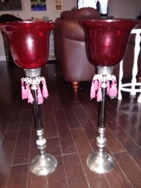 2 beautiful red glass candle holders