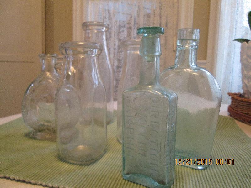 Collection of 6 Antique Bottles, 2 green coloured, one Barry`s N