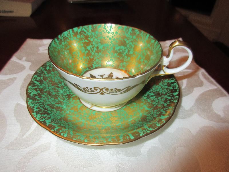 Stunning Aynsley Green and Gold up and Saucer MINT