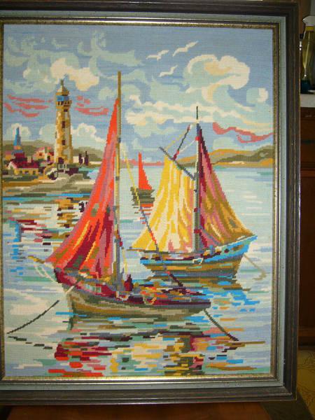 SAILBOATS AND LIGHTHOUSE FRAMED NEEDLEWORK PICTURE