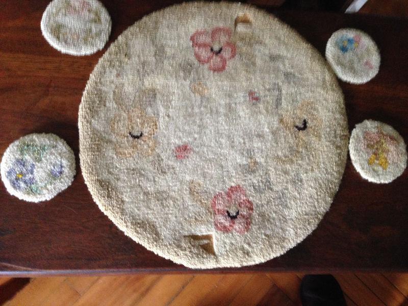 Antique Set of Cheticamp Hooked Coasters and Round Mat, 13