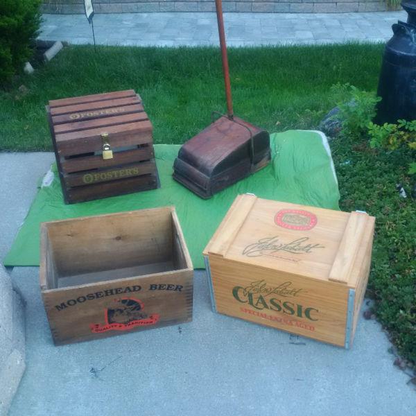 3 ANTIQUE CRATES AND ANTIQUE SWEEPER