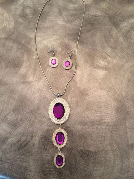 Purple and silver necklace and earrings