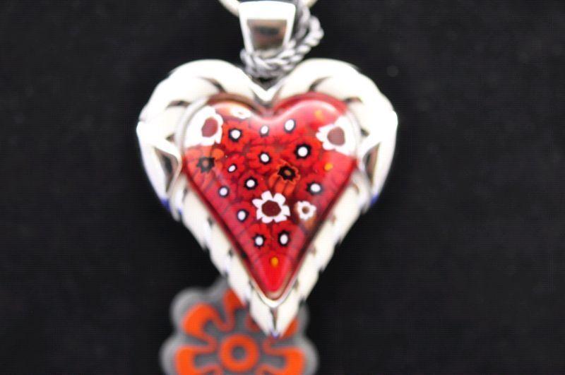 Red Milliacreli Heart Necklace with multi color flower pattern
