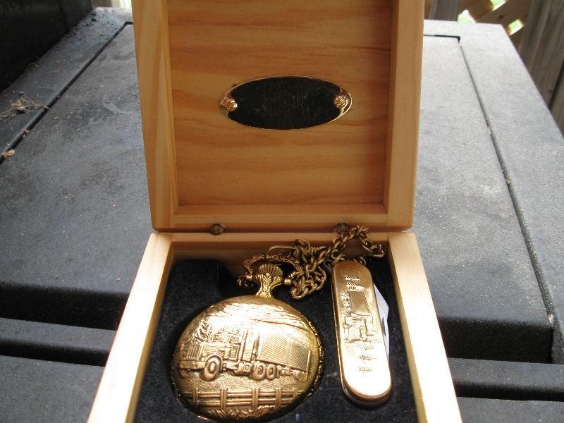 Gold Plated Truckers Pocket Watch with Wooden Box