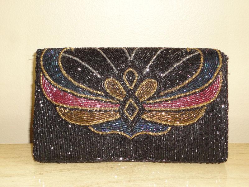 Vintage Beaded Black Evening Bag Purse Clutch with Rope Strap