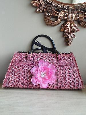 Vintage wicker weave with pink flower basket style purse bag