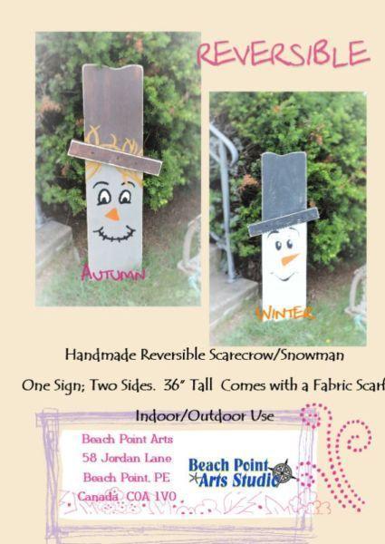 Handcrafted Reversible Scarecrow/Snowman Wooden Decor Item