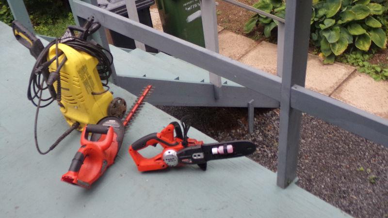 Pressure Sprayer. Battery Chain Saw and Hedge Trimmer