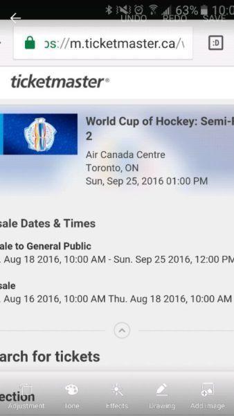 2 Tickets World Cup of Hockey Semi 2