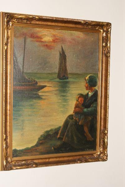 Vintage 1930s oil on board painting mother child river boat