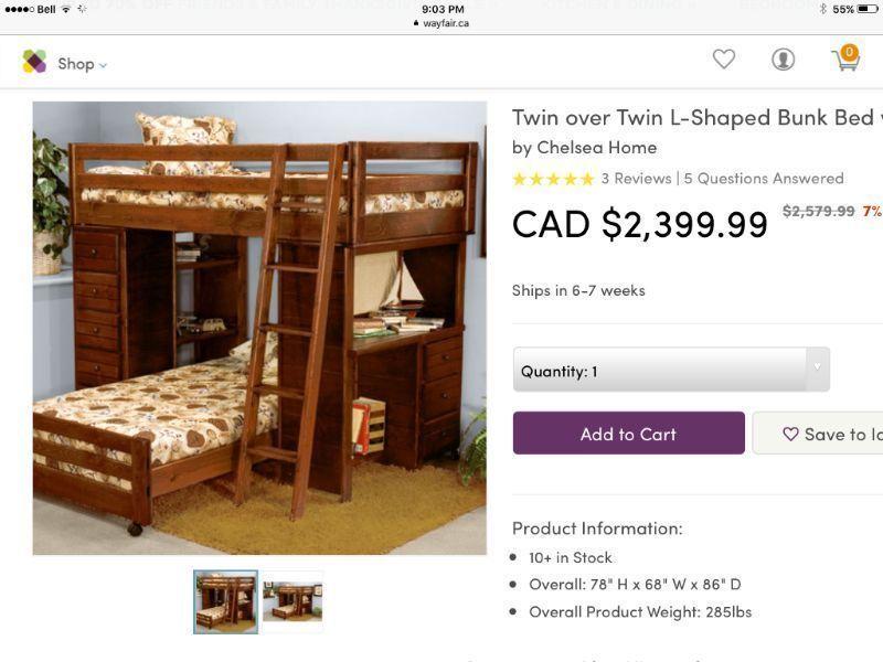 Double bunk bed with desk