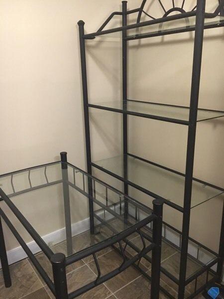 Rod iron shelf with glass top and rod iron table with glass top