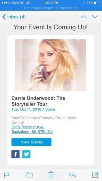 Carrie Underwood Storyteller Concert Tickets x2 Oct 11th