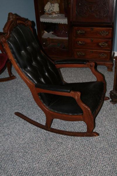 BEAUTIFUL ANTIQUE ROCKER WITH BRASS STUDS & LEATHER