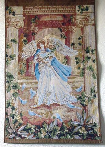 A Lena Lui Wall Woven Tapestry of Angel Feeding Bluebirds