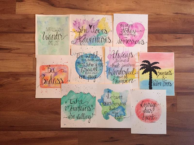 10 watercolor prints/handlettered/package deal