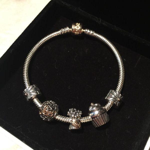 14k Gold and Silver Pandora Bracelet with 5 charms