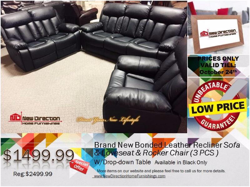 ◆Brand New 3pcs Bonded Leather Recliner Set Blowout@NewDirection